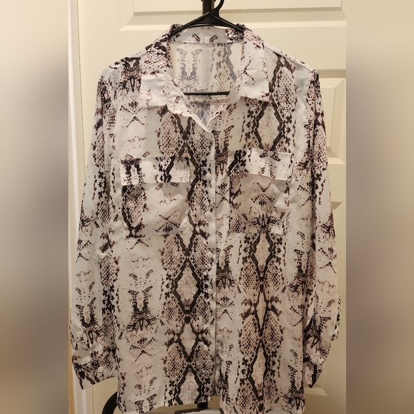 stylish Women Button Down Snake Print 3/4 Tab Sleeve Tunic Blouse - Picture 1 of 7